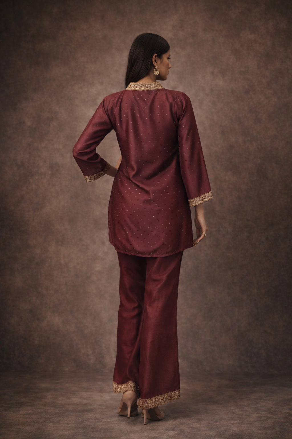 Women's Maroon Vichitra Silk Kurta Pant Set