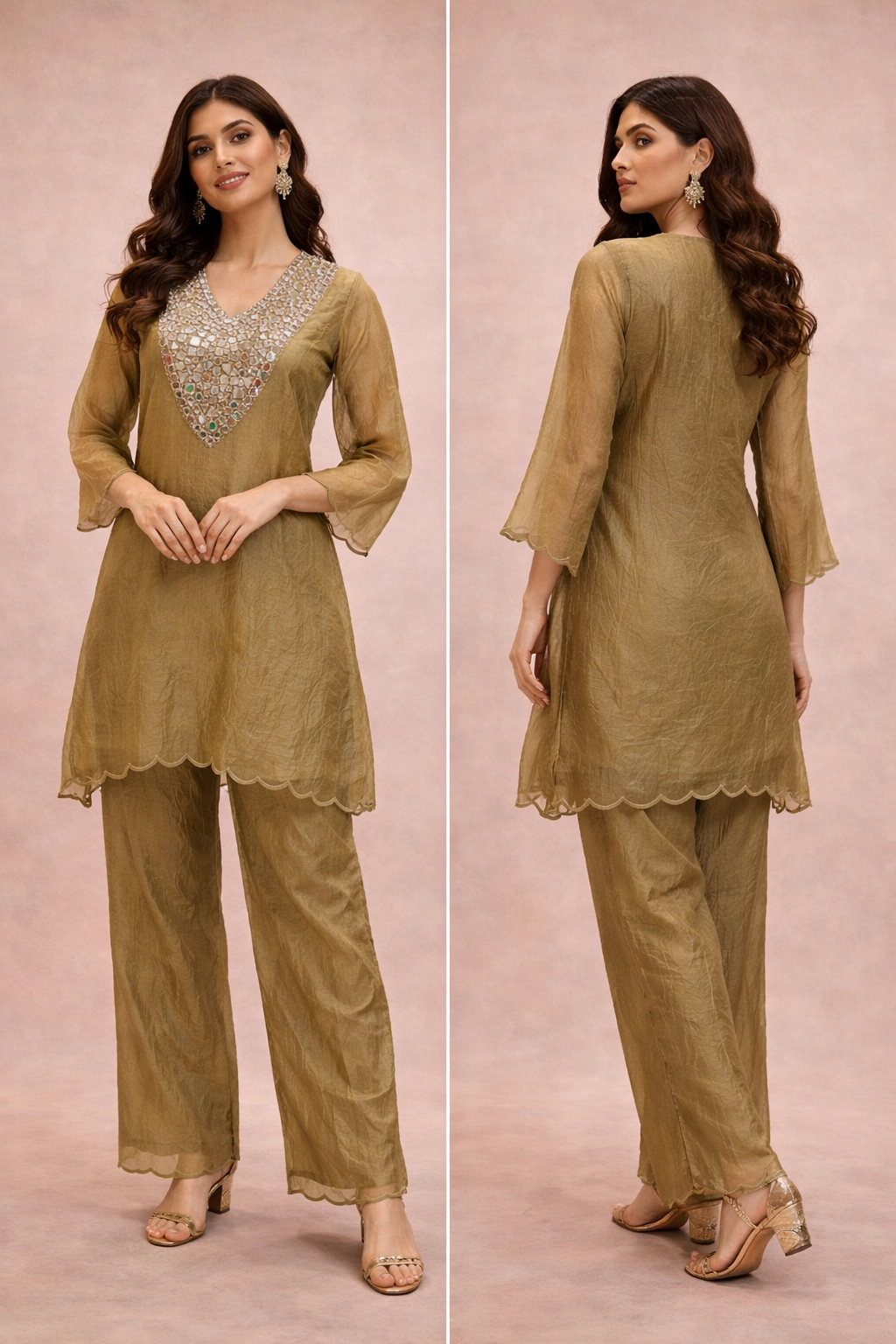 Women's Olive Gold Embellished Crush Tissue Kurta Palazzo Set