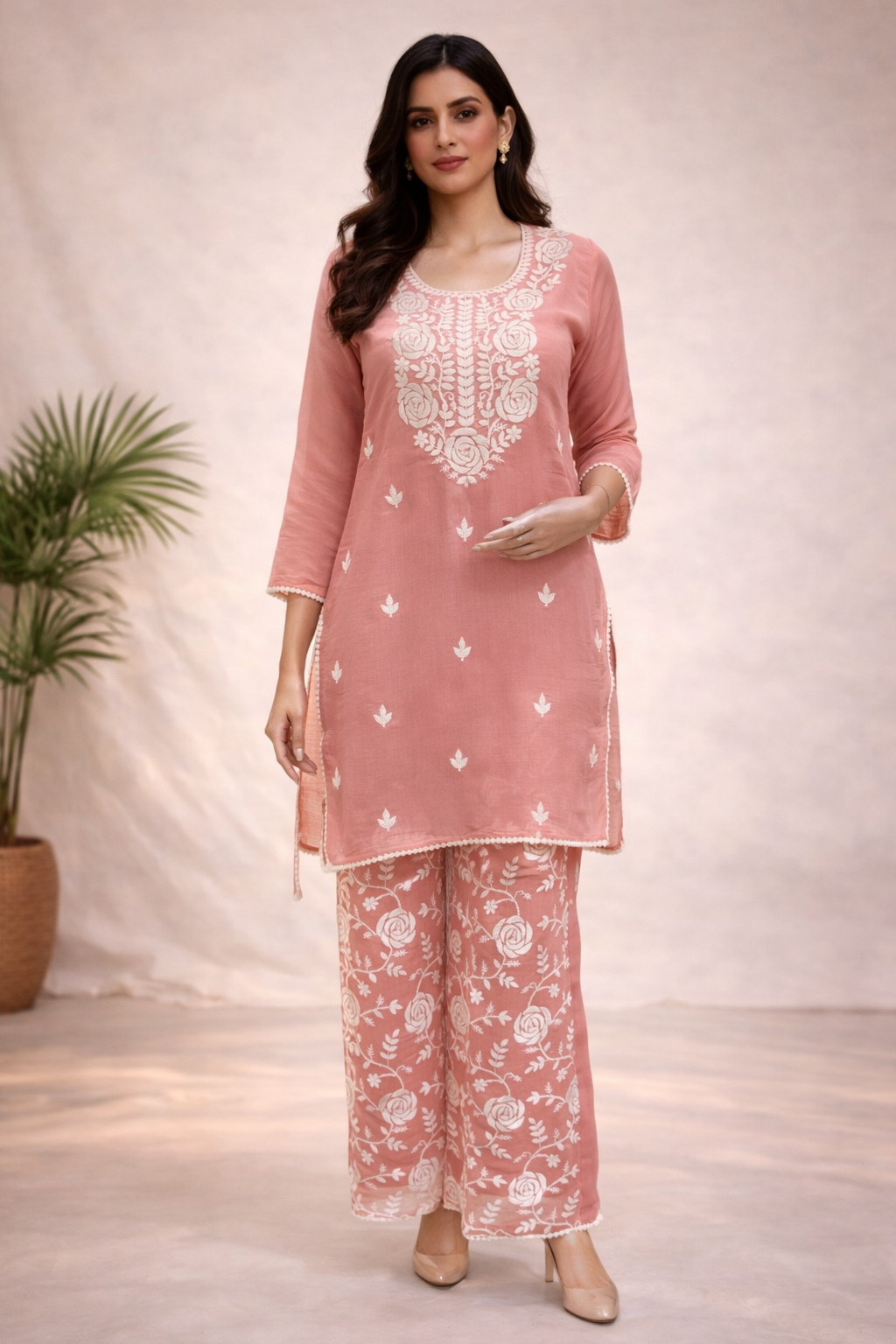 Women's Pastel Embroidered Silk Kurta Palazzo Set
