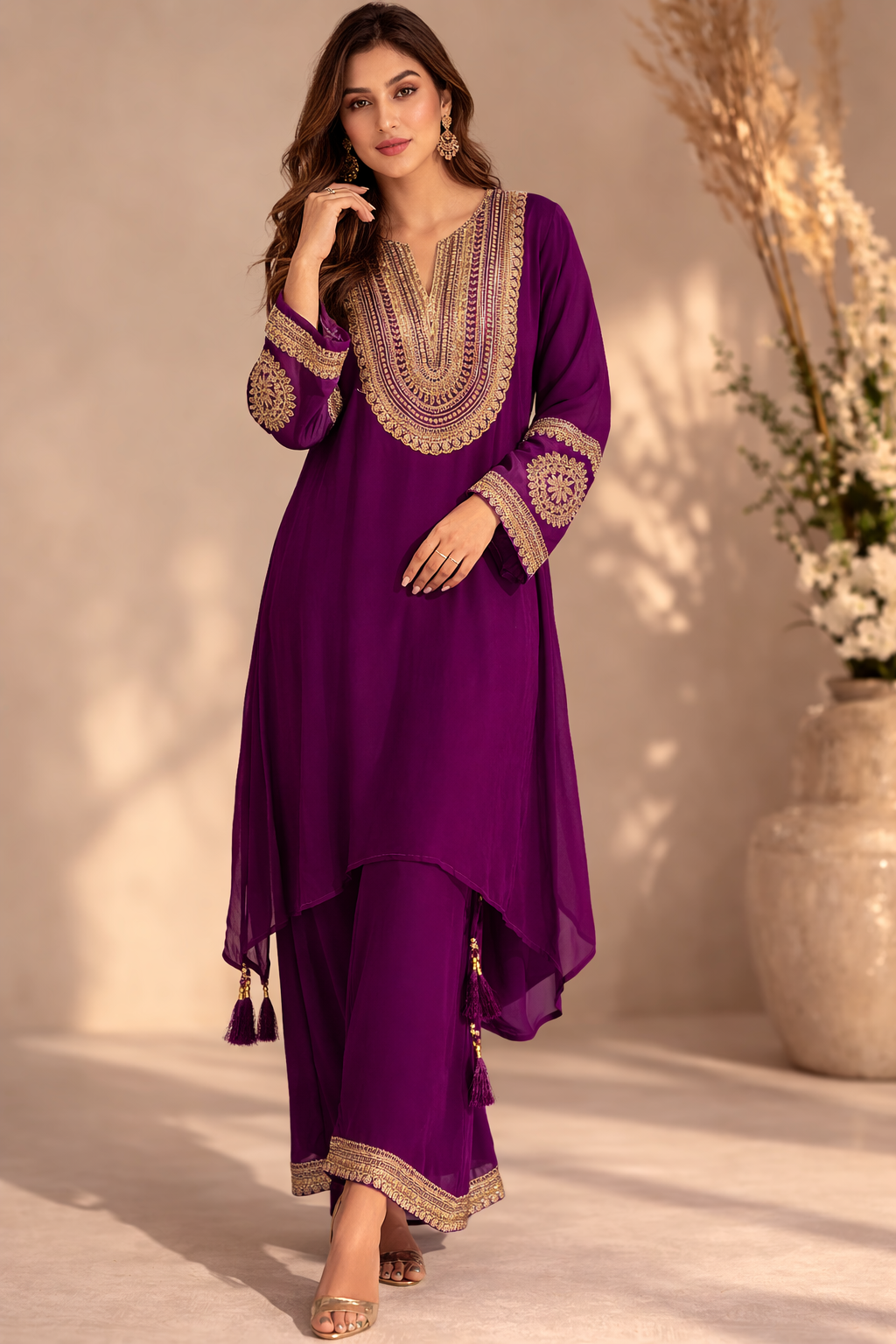 Women's Royal Purple Embroidered Silk Kurta Palazzo Set