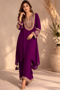 Women's Royal Purple Embroidered Silk Kurta Palazzo Set
