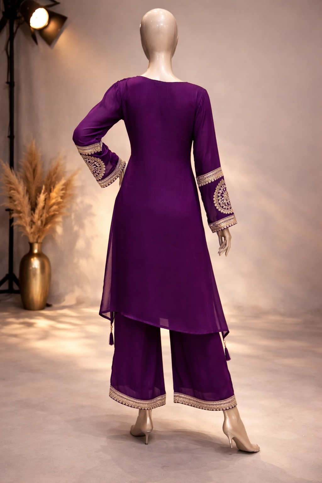 Women's Royal Purple Embroidered Silk Kurta Palazzo Set