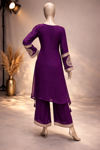 Women's Royal Purple Embroidered Silk Kurta Palazzo Set
