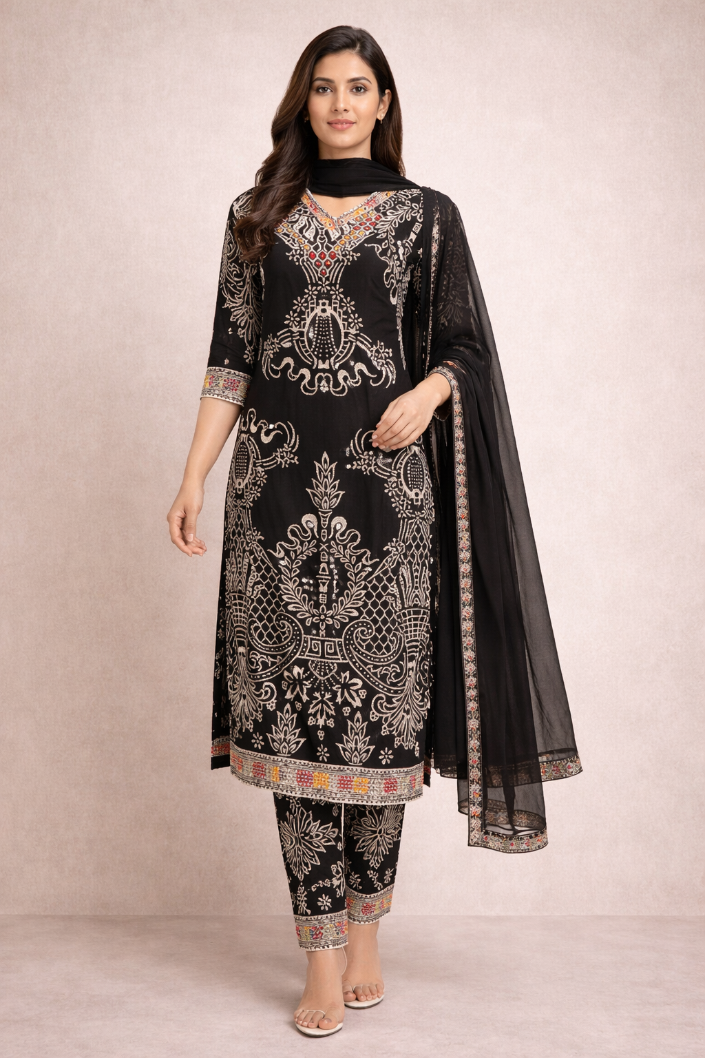 Black Embroidered Kurta Set with Pants & Dupatta