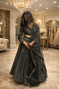 Women's Black Embroidered Net Lehenga Choli Set with Dupatta