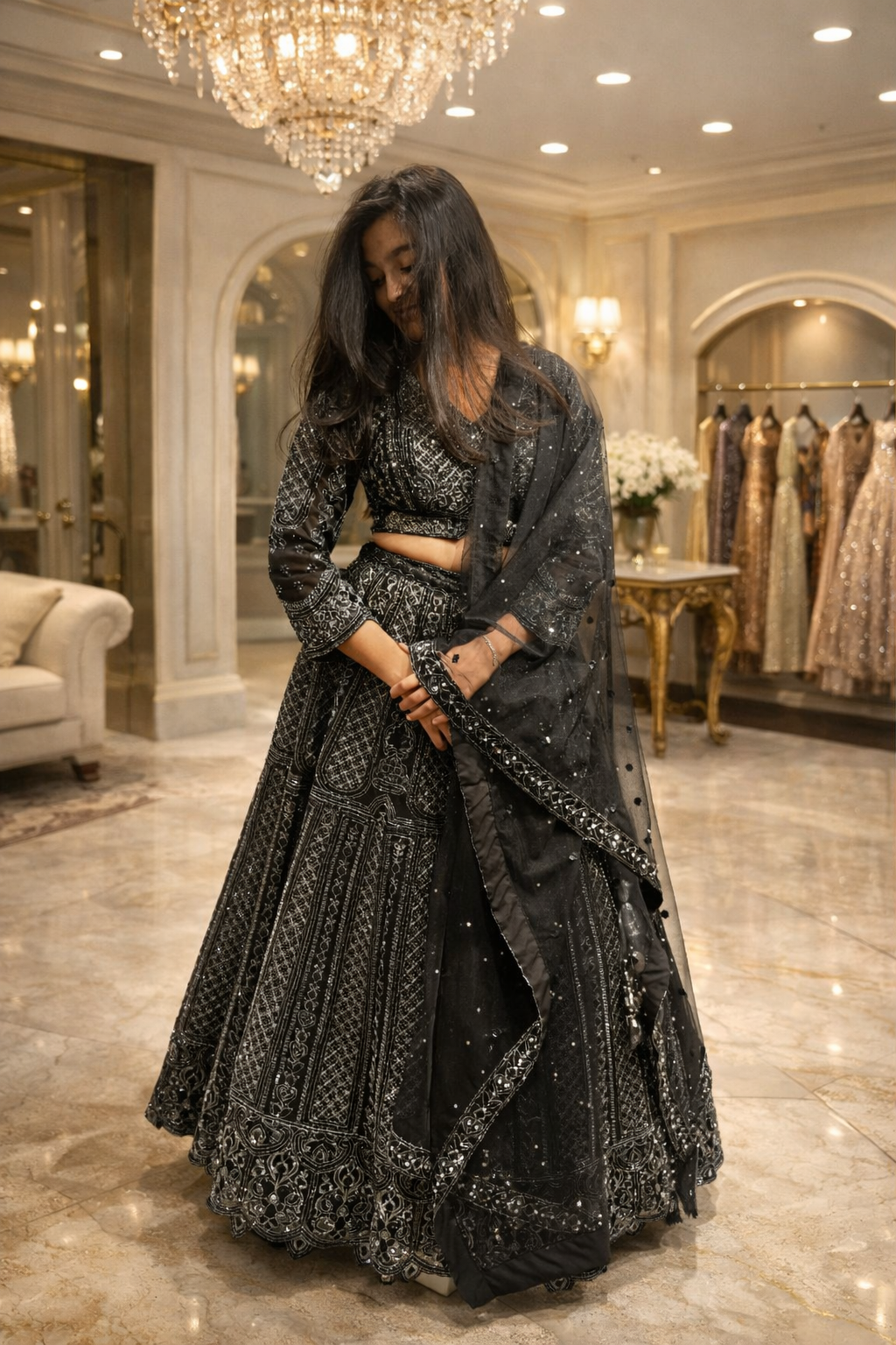 Women's Black Embroidered Net Lehenga Choli Set with Dupatta