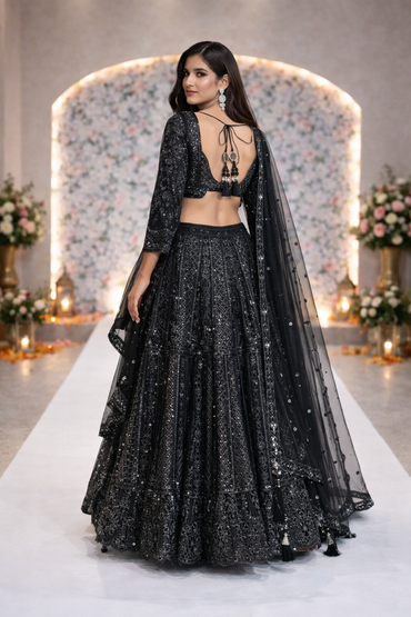 Women's Black Embroidered Net Lehenga Choli Set with Dupatta