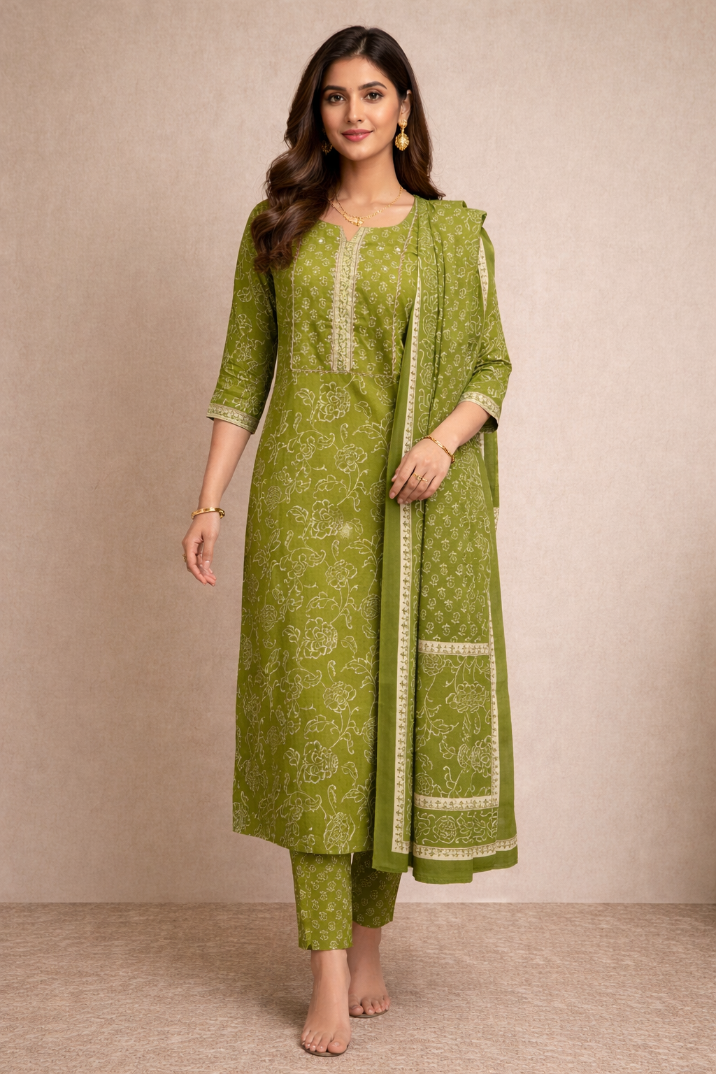 Elegant Olive Green Printed Kurta Set with Dupatta
