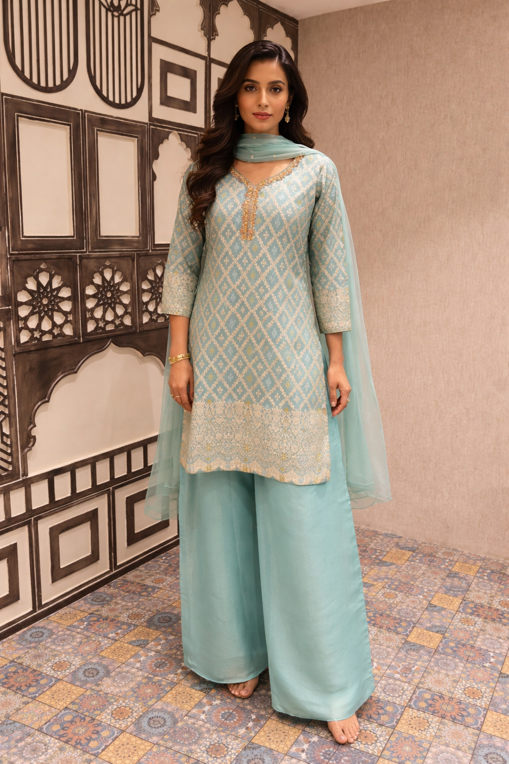 Mint Green Embroidered Brocade Silk Kurta Palazzo Set with Dupatta for Women