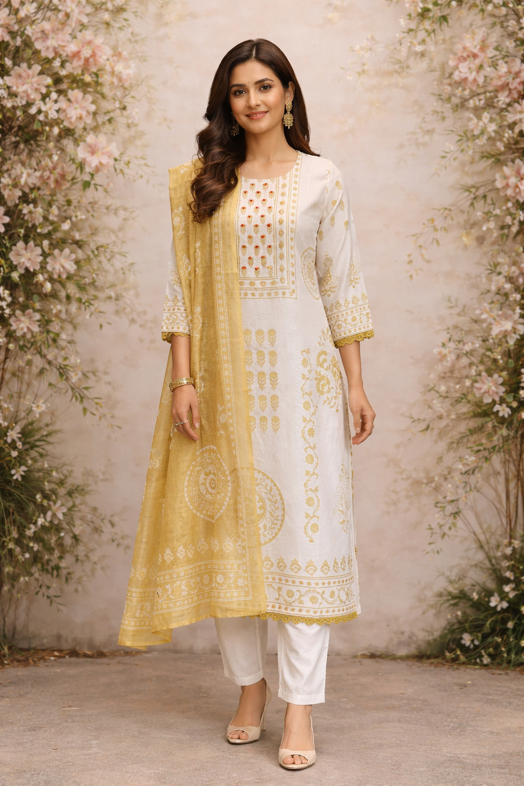 White & Yellow Printed Kurta Set with Pants & Dupatta