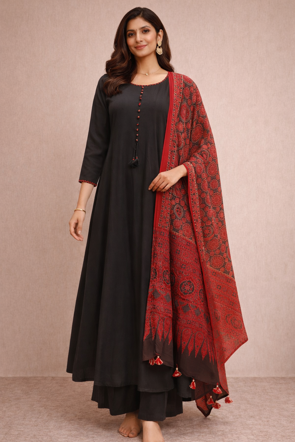 Elegant Black Anarkali Kurta Set with Red Printed Dupatta