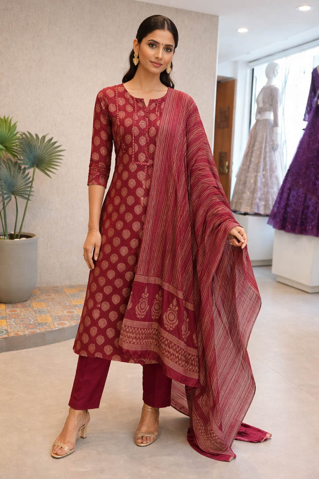 Maroon Cotton Printed Kurta Set with Pants & Dupatta