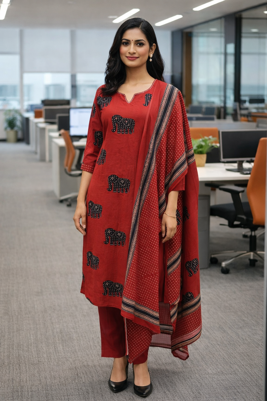 Red Elephant Printed Kurta Set with Pants & Dupatta