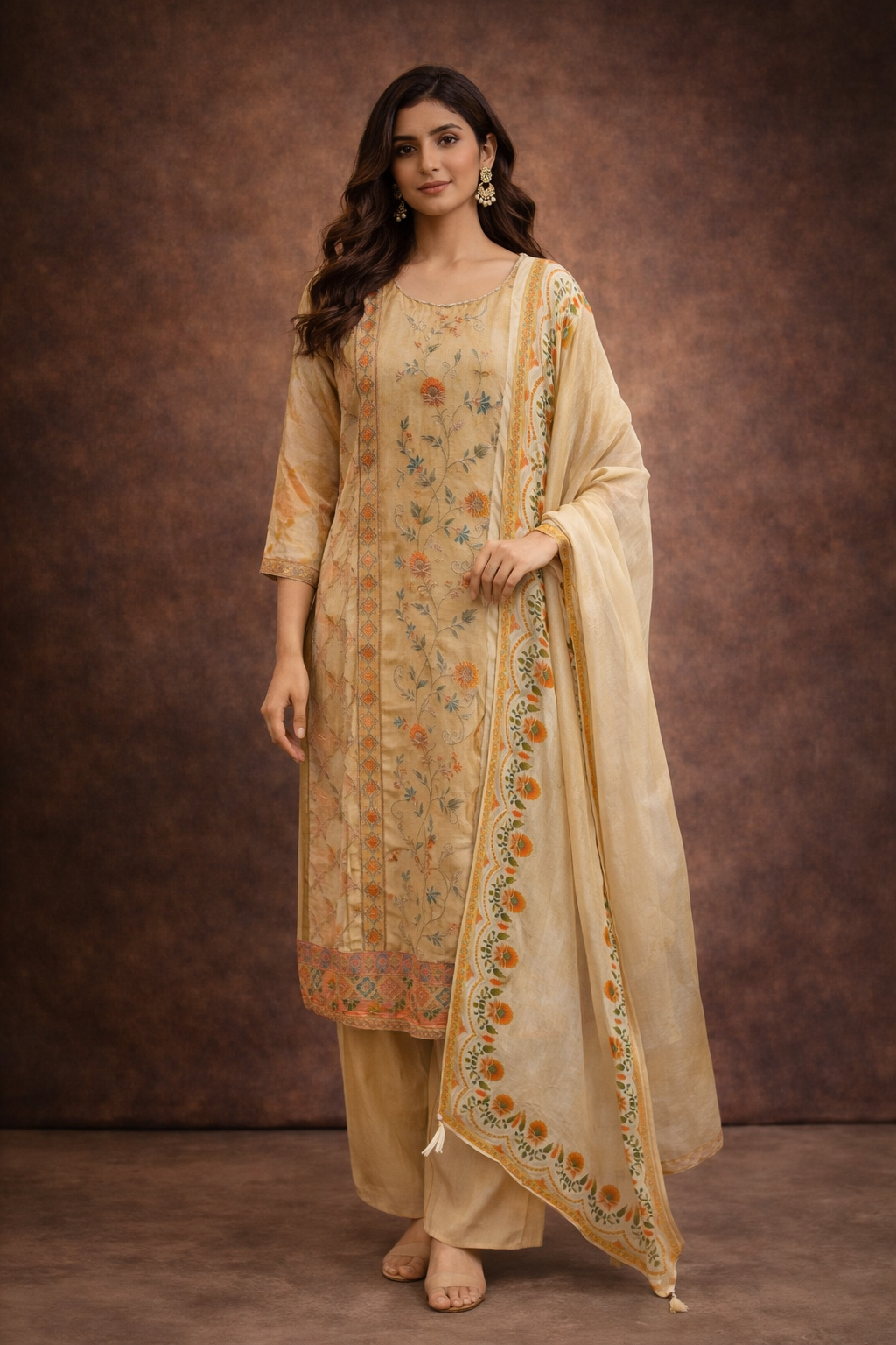 Beige Floral Printed Kurta Set with Palazzo & Dupatta