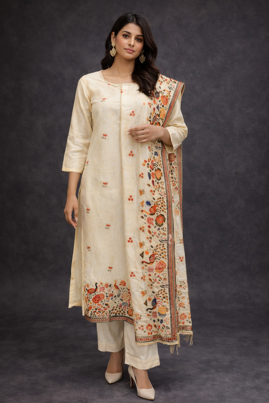 Ivory Embroidered Kurta Set with Pants & Printed Dupatta