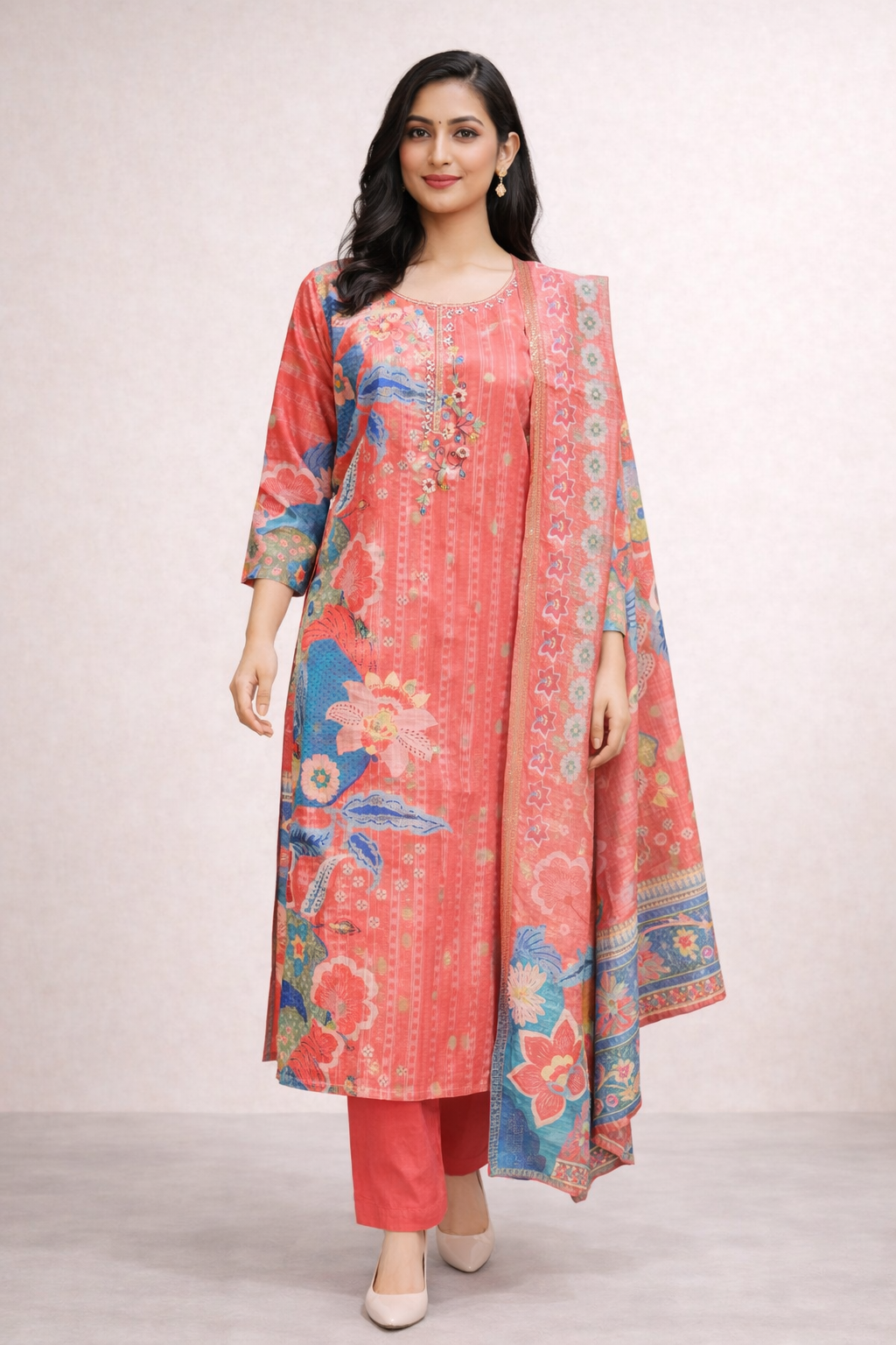 Coral Floral Printed Kurta Set with Pants & Dupatta