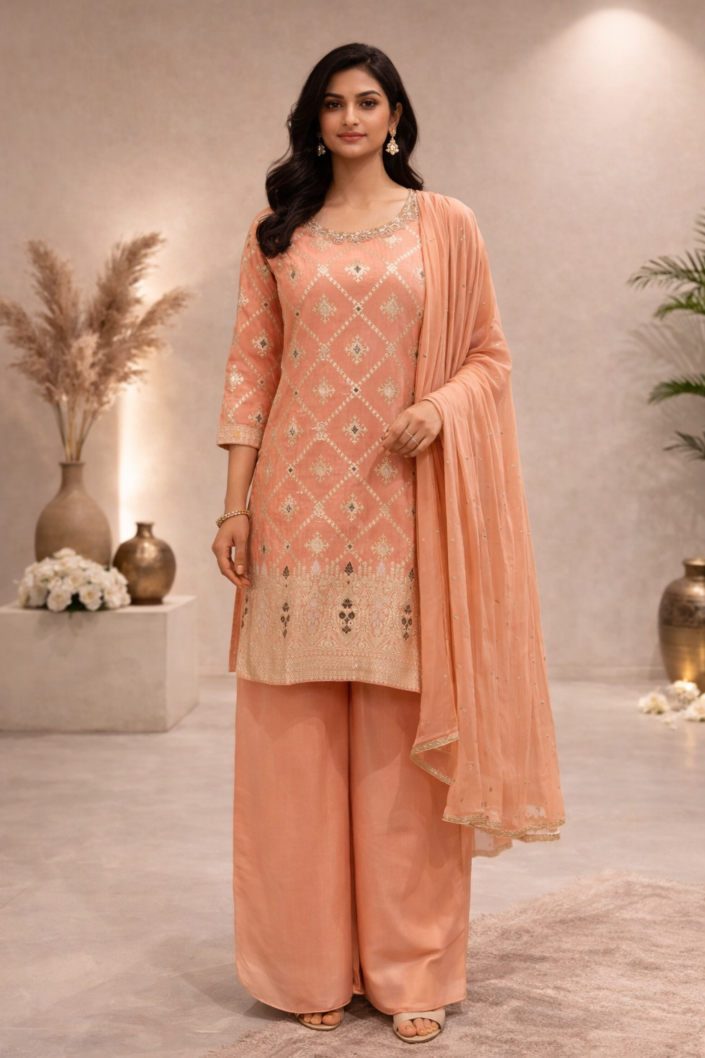 Peach Brocade Embroidered Kurta Sharara Set with Dupatta
