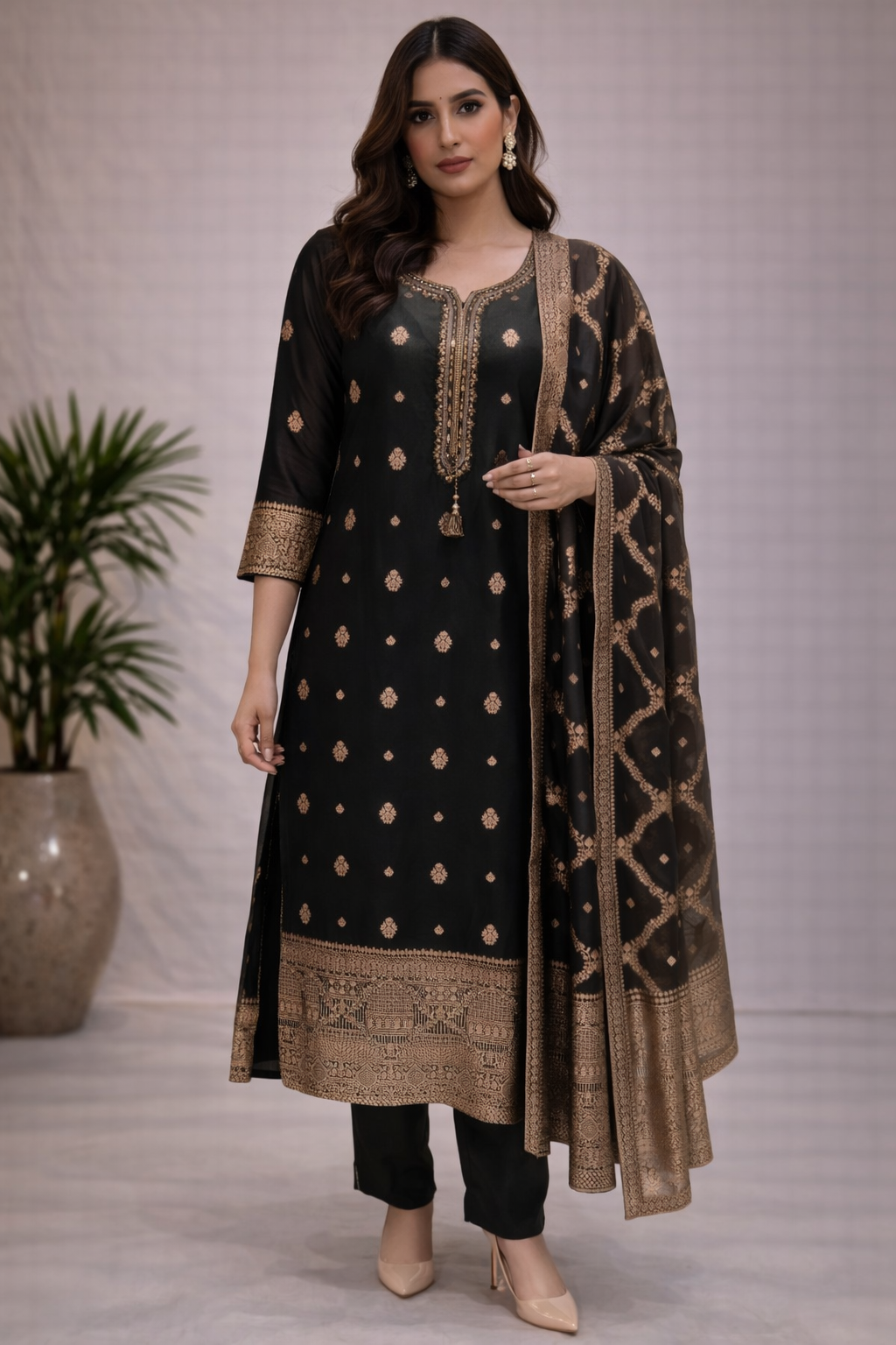 Black & Gold Embroidered Kurta Set with Pants & Dupatta