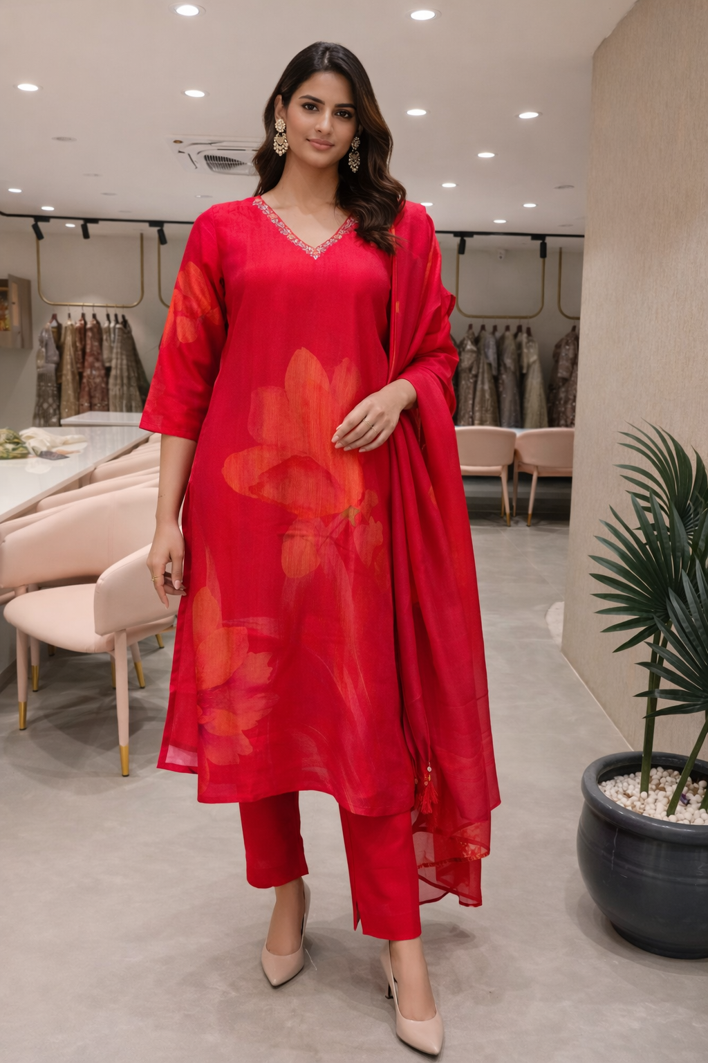 Red Floral Printed Kurta Set with Pants & Dupatta