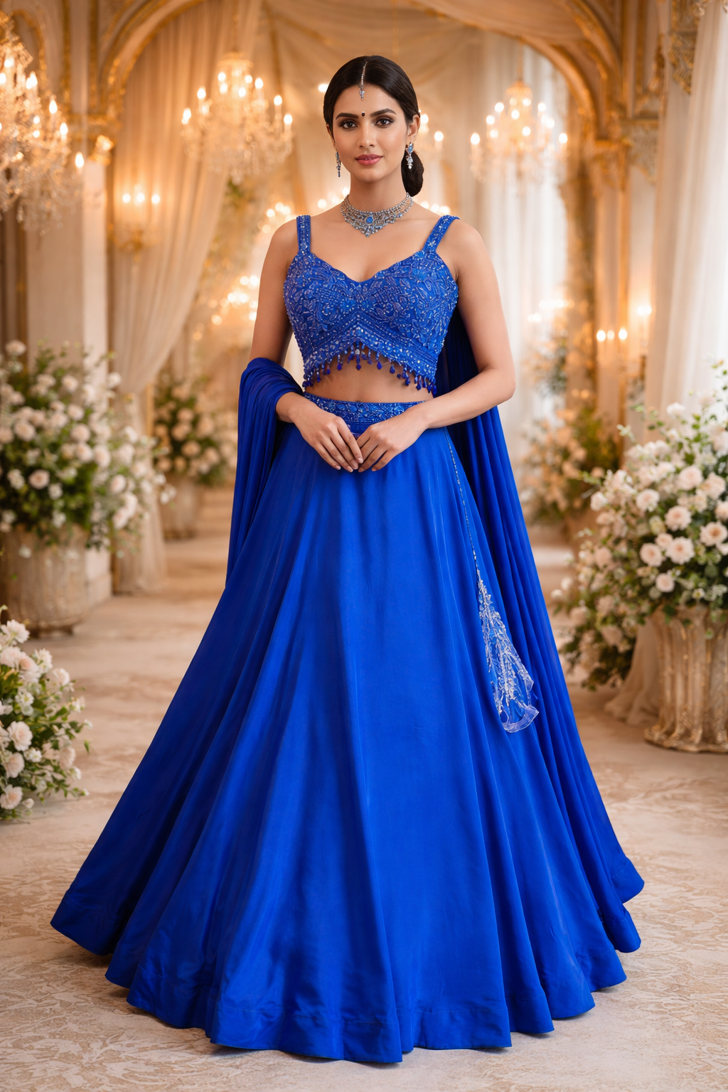 Women's Royal Blue Embroidered Silk Lehenga Choli Set with Dupatta