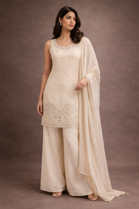 Elegant Ivory Embroidered Silk Kurta Palazzo Set with Dupatta for Women