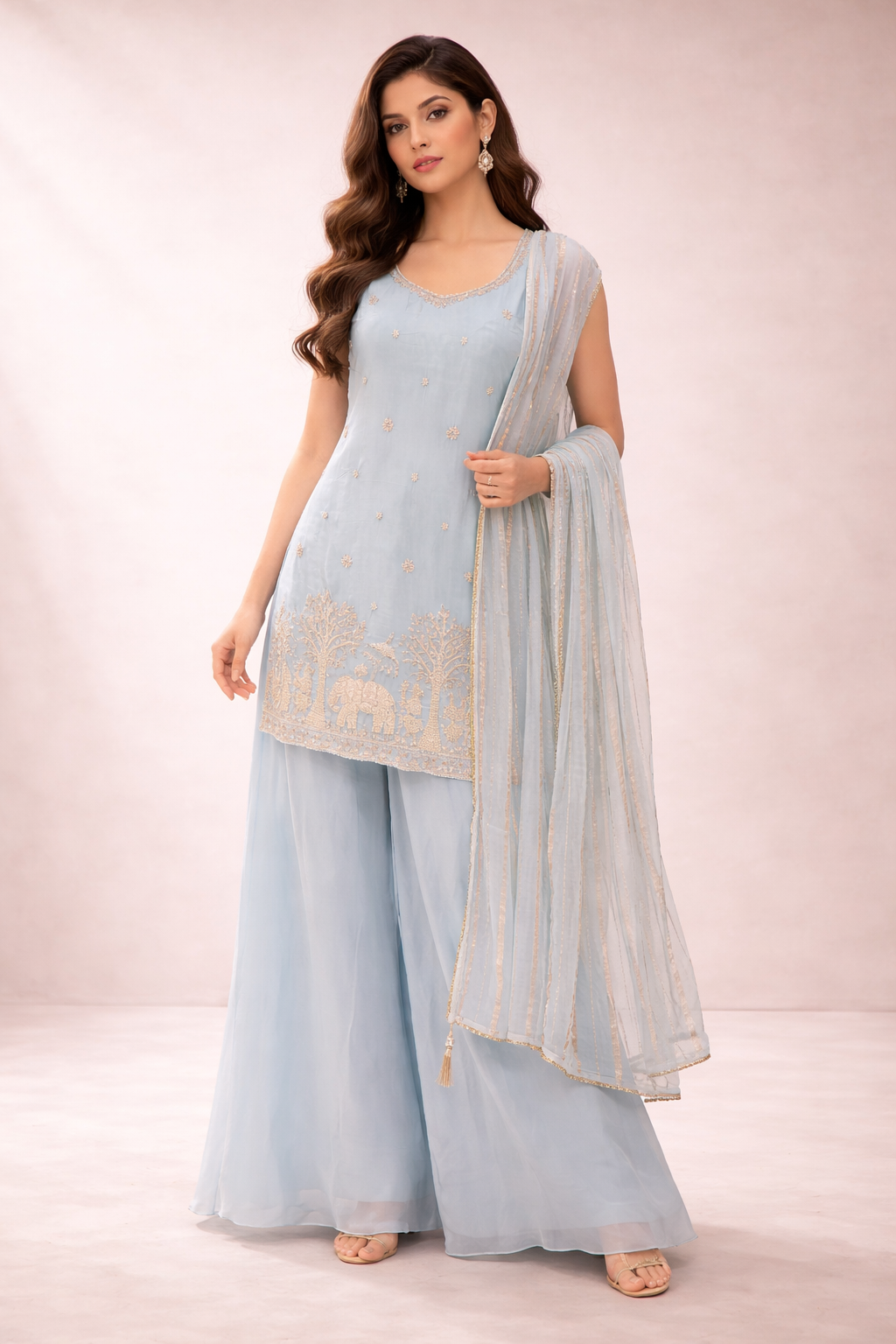 Powder Blue Embroidered Silk Kurta Sharara Set with Dupatta for Women