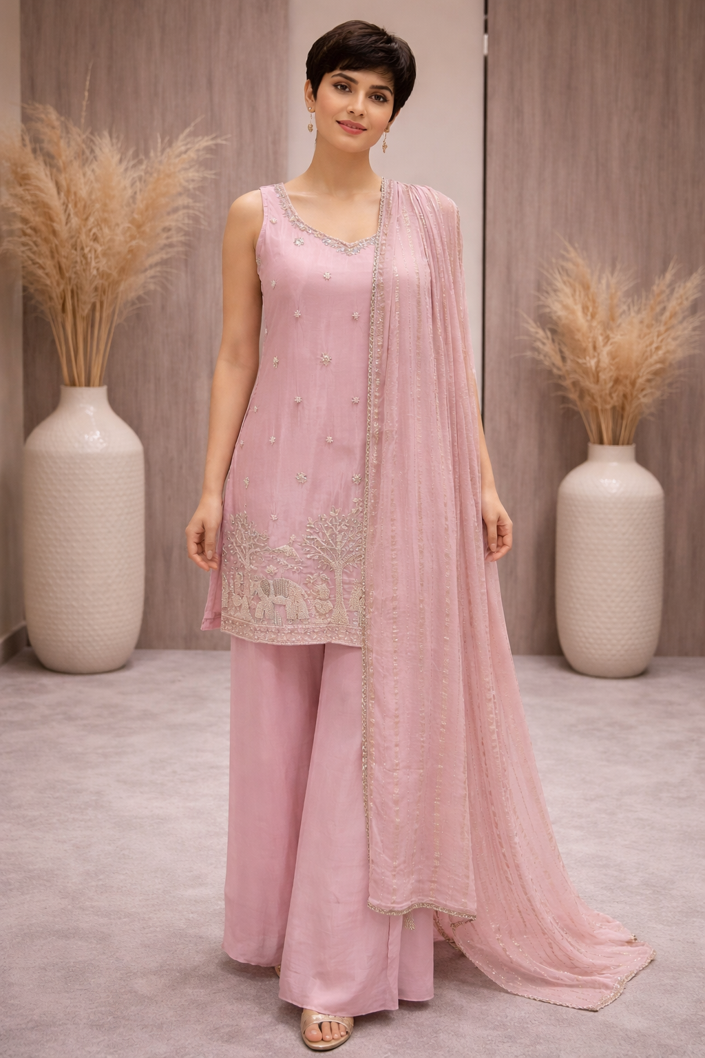 Blush Pink Embroidered Silk Kurta Palazzo Set with Dupatta for Women