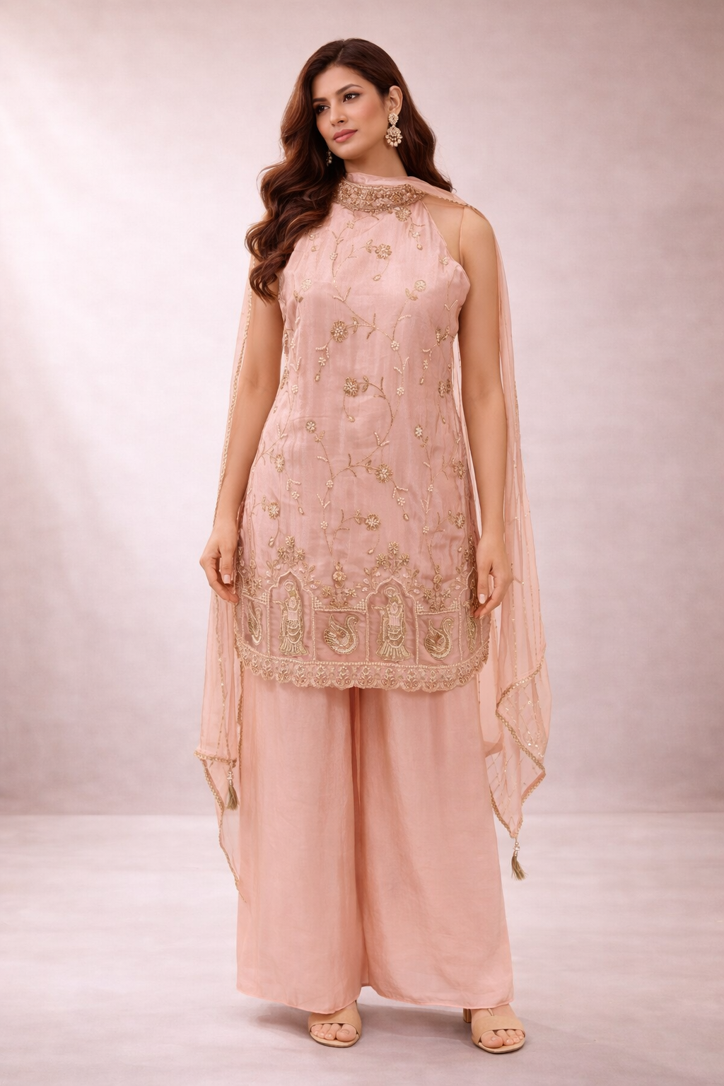 Blush Pink Embroidered Silk Kurta Palazzo Set with Dupatta for Women