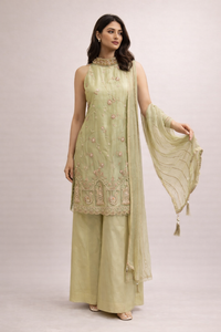 Sage Green Embroidered Silk Kurta Sharara Set with Dupatta for Women