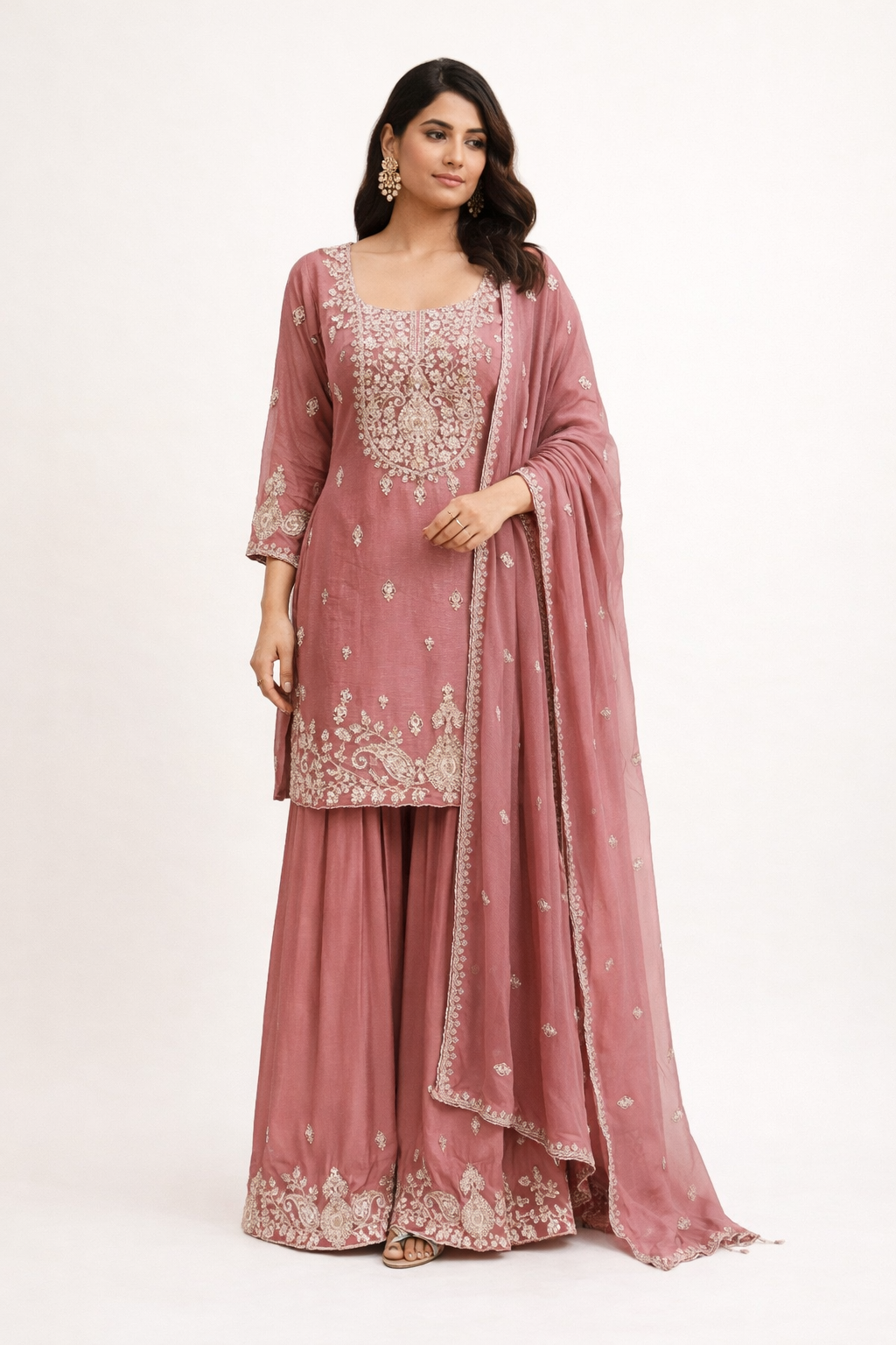 Dusty Rose Embroidered Silk Kurta Sharara Set with Dupatta for Women