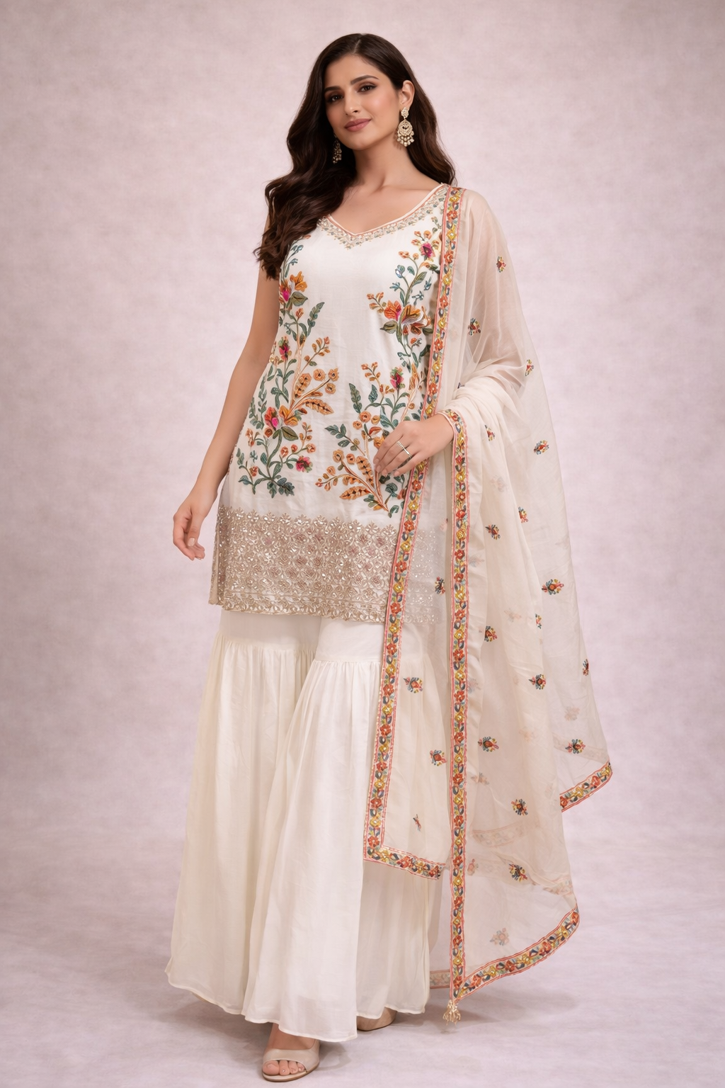 Ivory Floral Embroidered Silk Kurta Sharara Set with Dupatta for Women
