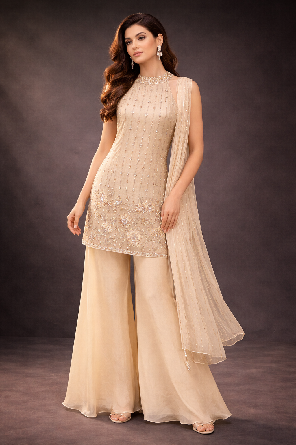 Champagne Gold Embroidered Silk Kurta Sharara Set with Dupatta