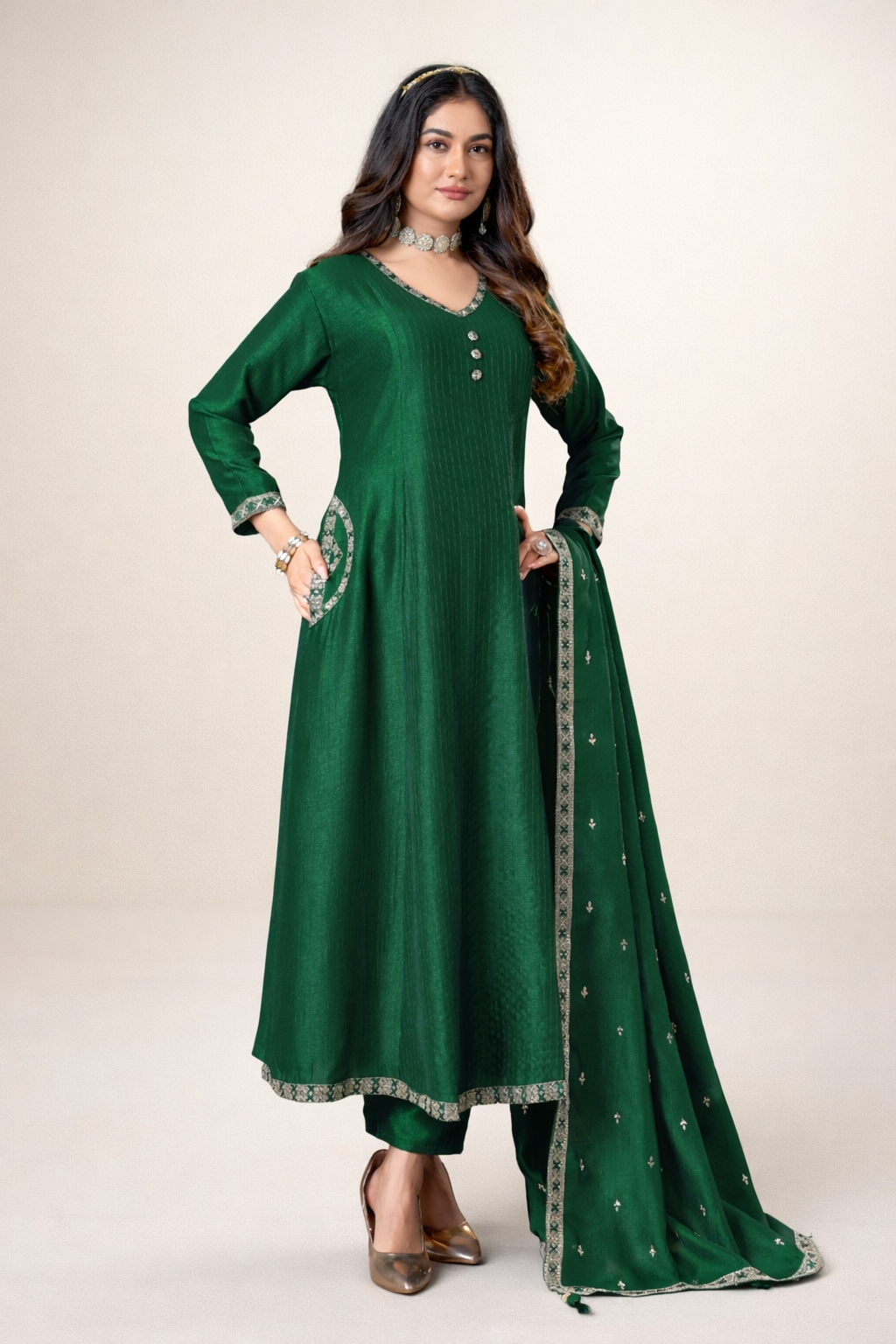 Emerald Green Solid Kurta Set with Pants & Dupatta