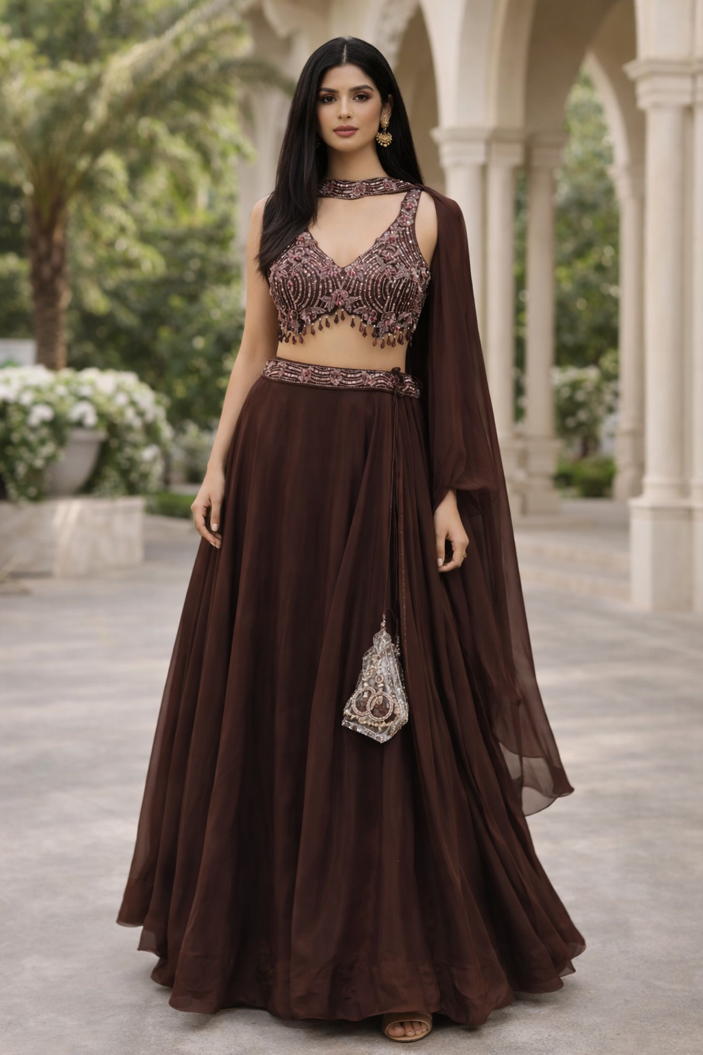 Women's Chocolate Brown Embroidered Silk Lehenga Choli Set with Dupatta