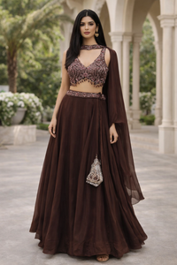 Women's Chocolate Brown Embroidered Silk Lehenga Choli Set with Dupatta