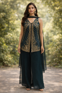 Emerald Green Silk Embroidered Kurta Sharara Set with Dupatta