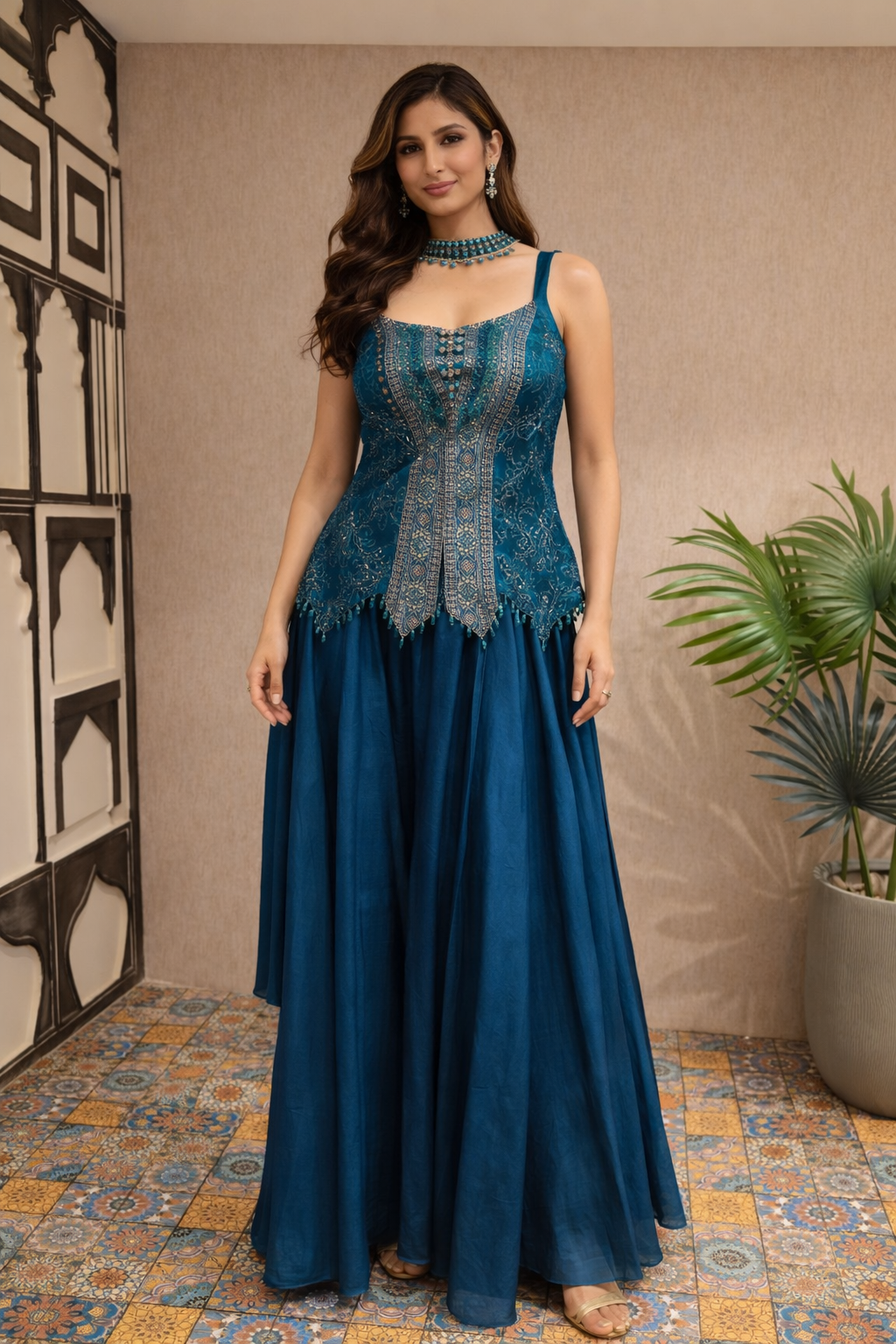 Teal Blue Silk Brocade Embroidered Peplum Kurta Sharara Set with Dupatta