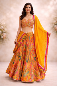 Women's Mustard Yellow Floral Printed Silk Lehenga Choli Set with Dupatta