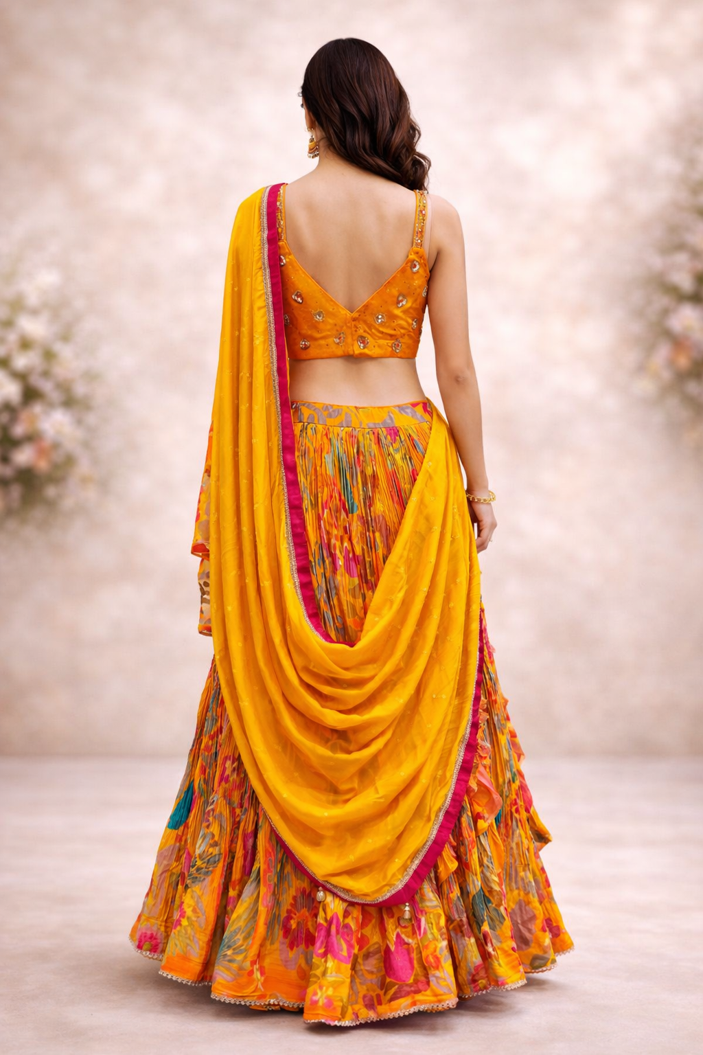 Women's Mustard Yellow Floral Printed Silk Lehenga Choli Set with Dupatta