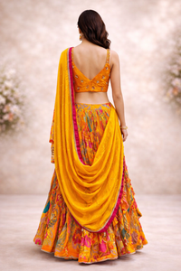 Women's Mustard Yellow Floral Printed Silk Lehenga Choli Set with Dupatta