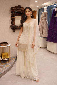 Elegant Cream Embroidered Brocade Silk Kurta Sharara Set with Dupatta for Women