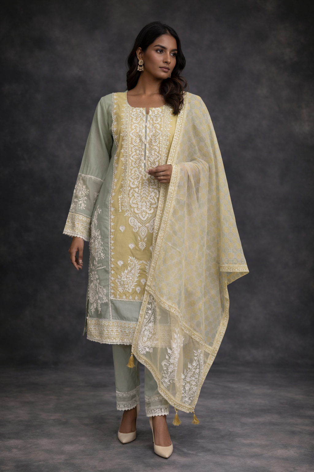 Pastel Green & Mustard Embroidered Kurta Set with Dupatta