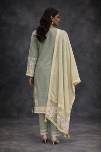 Pastel Green & Mustard Embroidered Kurta Set with Dupatta