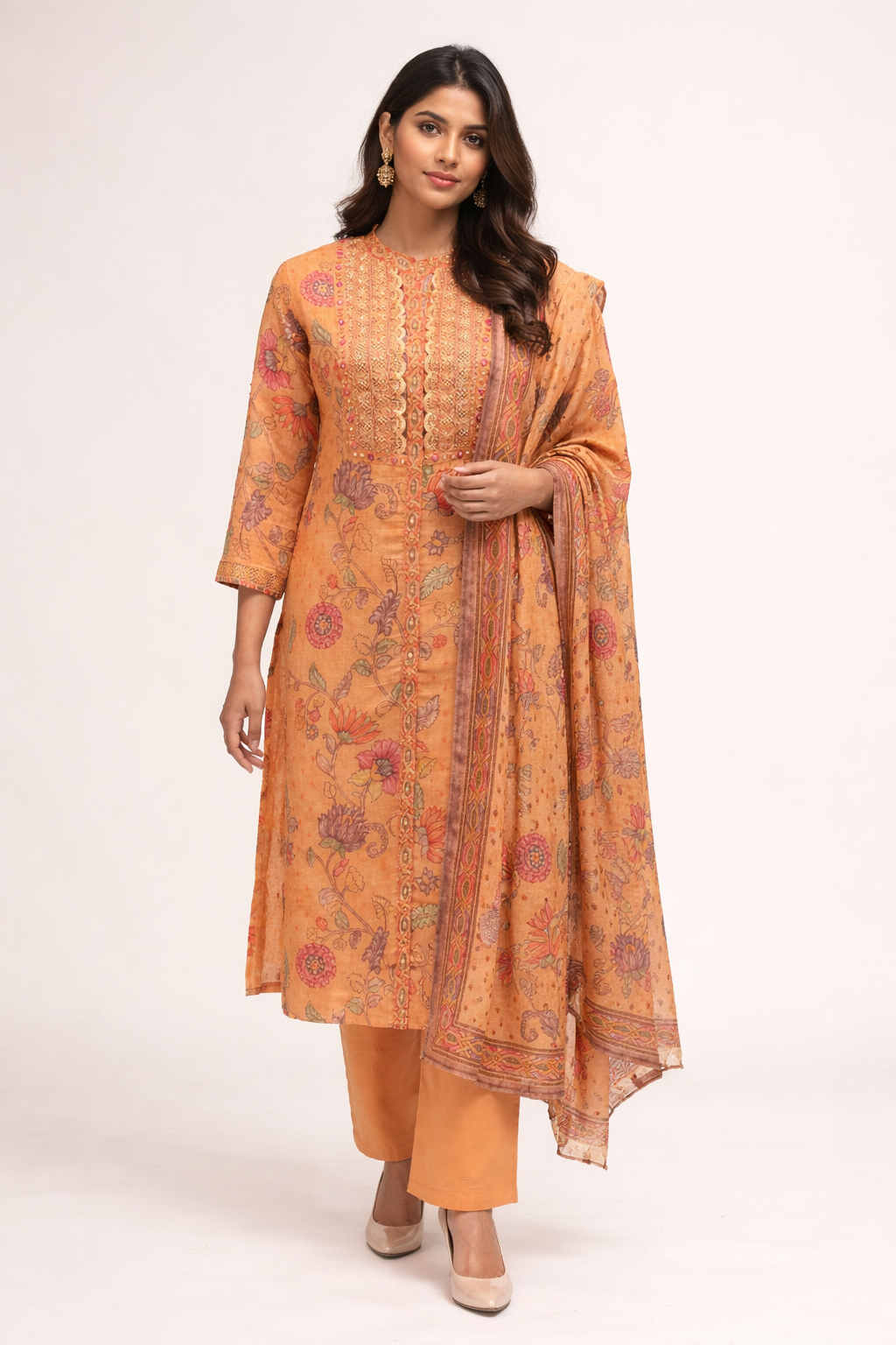 Elegant Peach Orange Cotton Printed Kurta Set with Dupatta