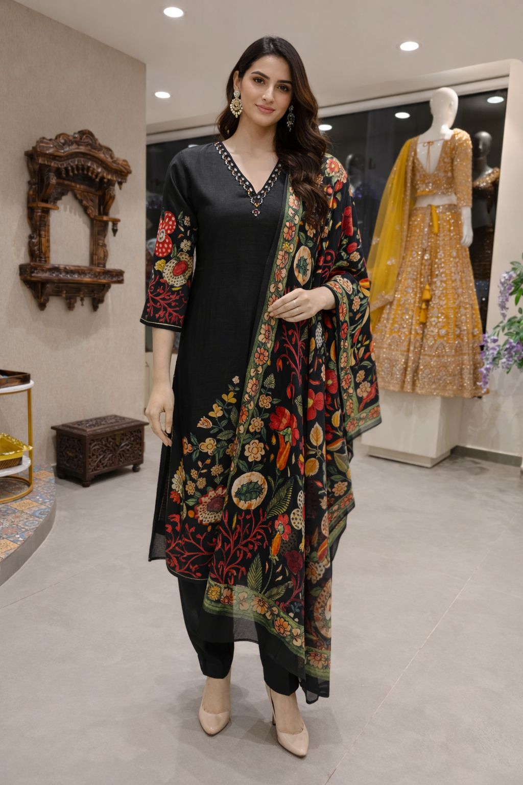 Black Floral Printed Kurta Set with Pants & Dupatta