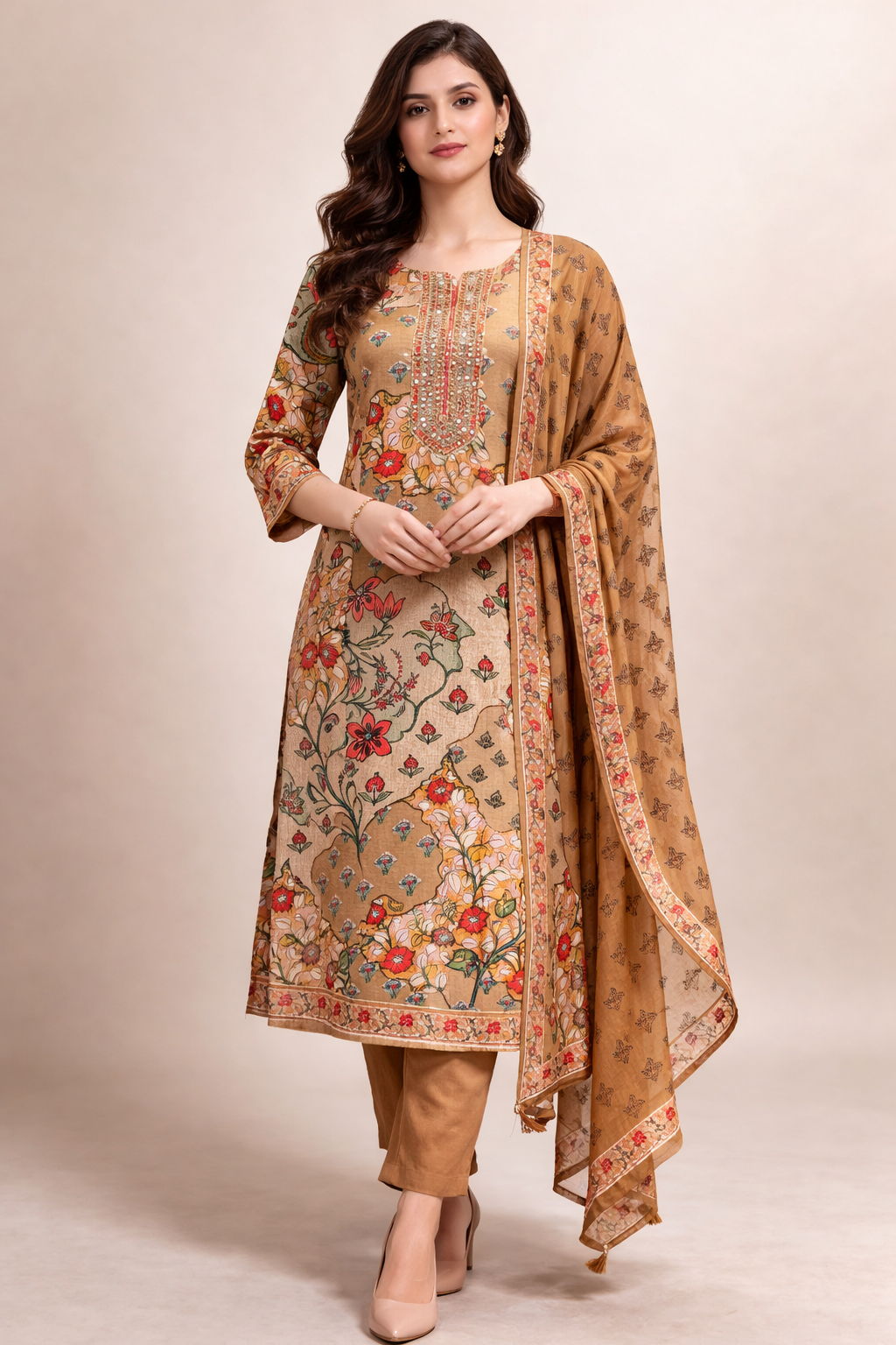 Beige Floral Printed Kurta Pant Set with Dupatta