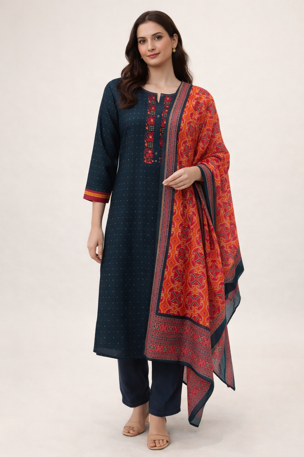 Elegant Navy Blue Cotton Kurta Set with Printed Dupatta