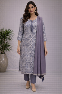Grey Geometric Printed Kurta Set with Dupatta
