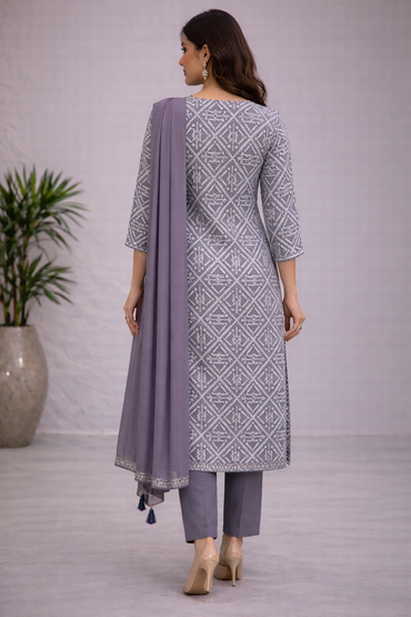 Grey Geometric Printed Kurta Set with Dupatta