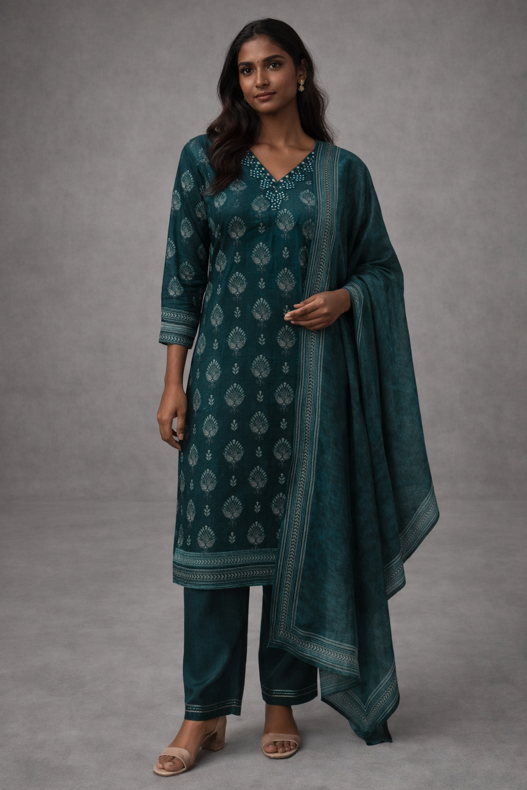 Elegant Teal Green Cotton Blend Kurta Set with Printed Dupatta
